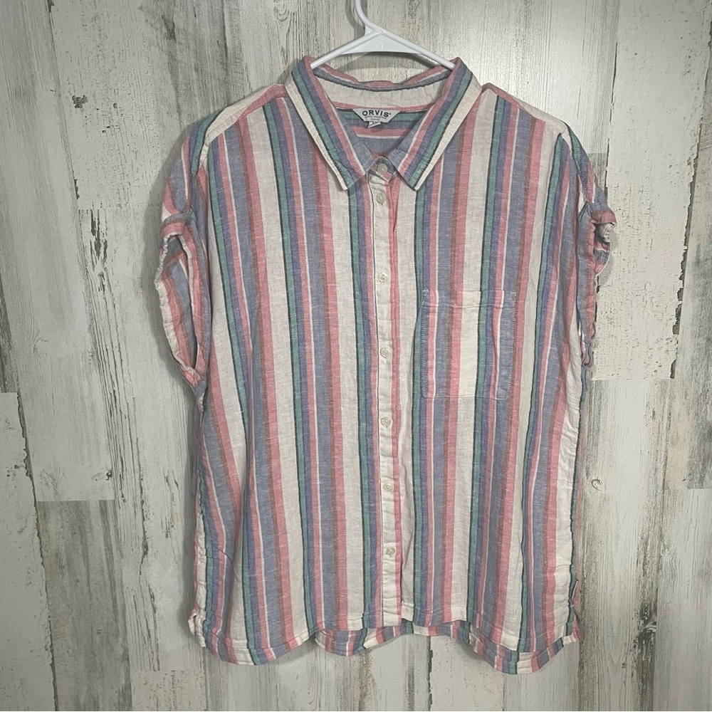 Orvis Pastel Striped Linen Blend Relaxed‎ Short Sleeve Button Down Shirt size L
